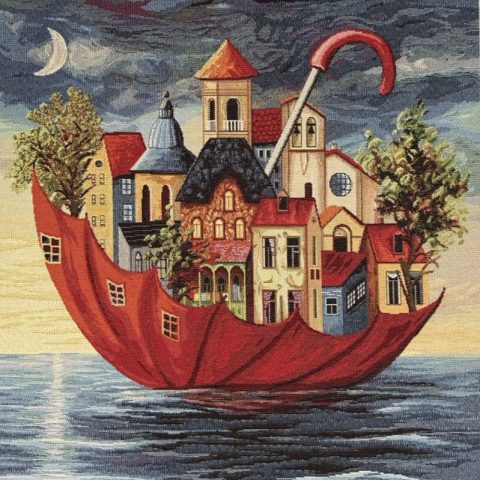 Pudestykke - 47x47 cm med vævet motiv - Paraplyby