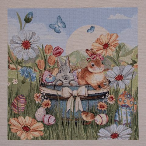 Pudestykke - 47x47 cm med vævet motiv - Påskeharer med blomster